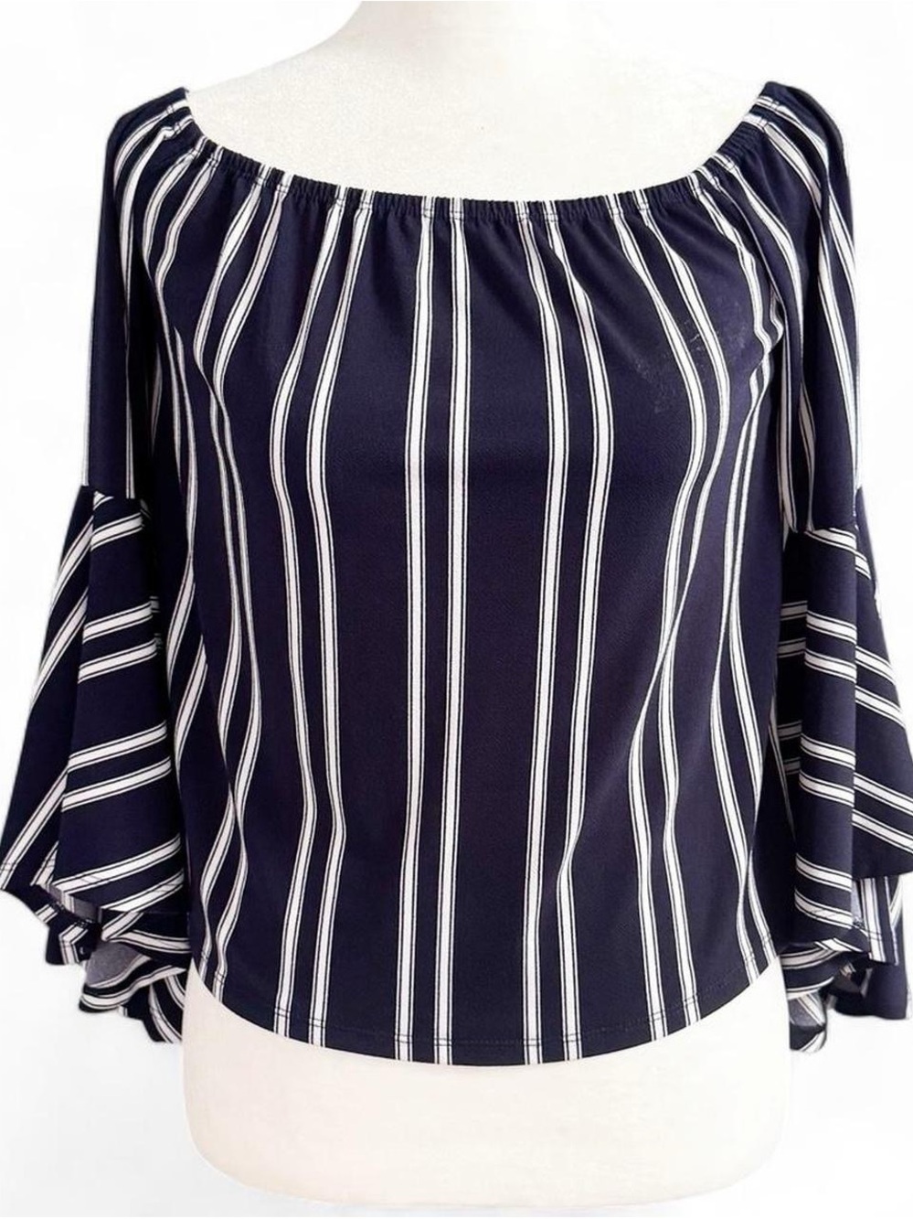 Express Navy White Striped Off Shoulder Bell Sleeve Top XS